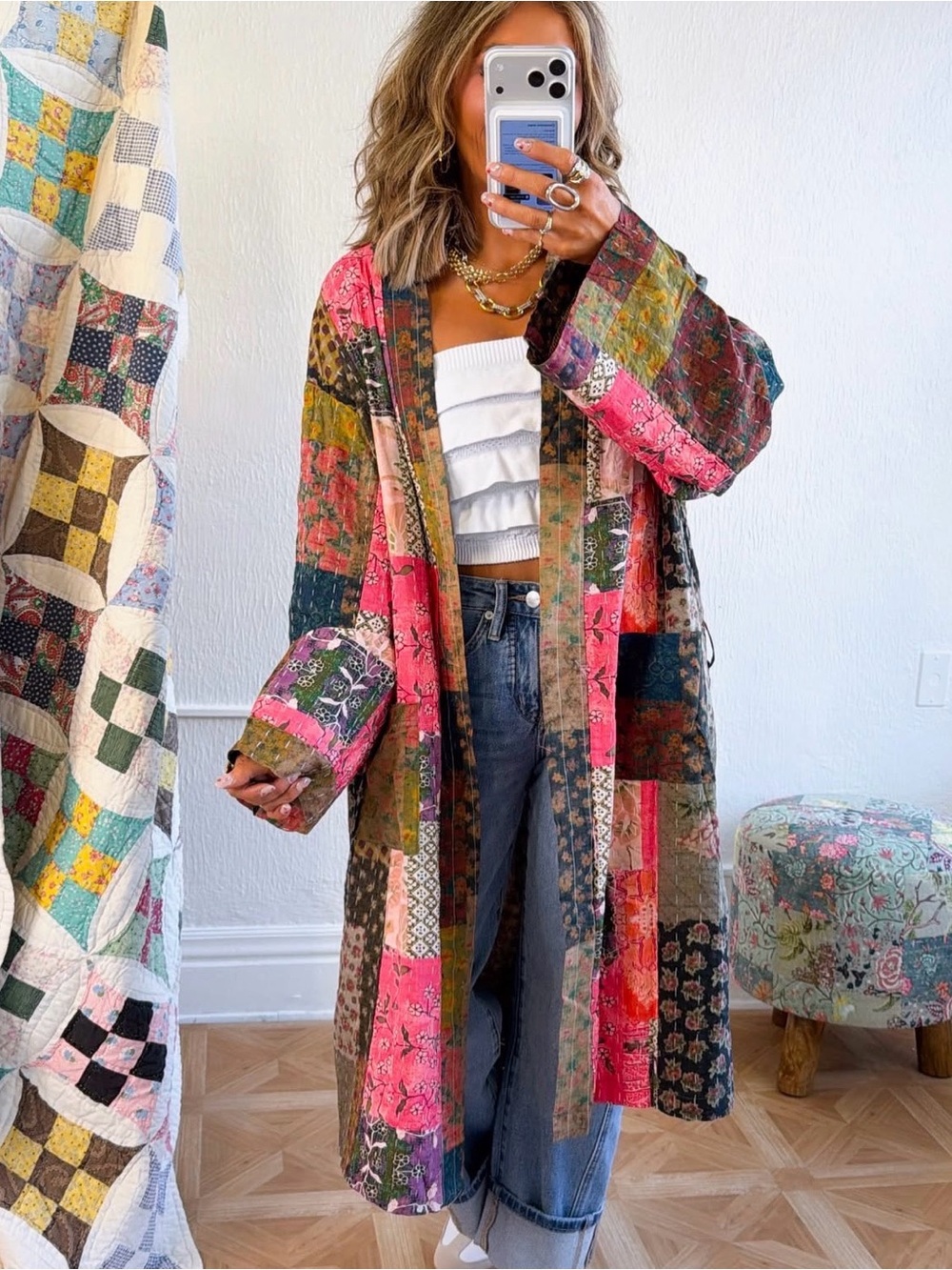 POL Mixed Print Patchwork Open Front Cardigan